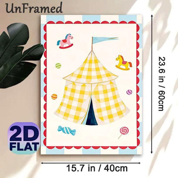 Circus Tent Themed Painting Poster, Bright Cartoon Circus Tent With Rocking Horses & Candies Poster, Playful Whimsical Decor Ideal For Home Lounge And_maomaolike.com