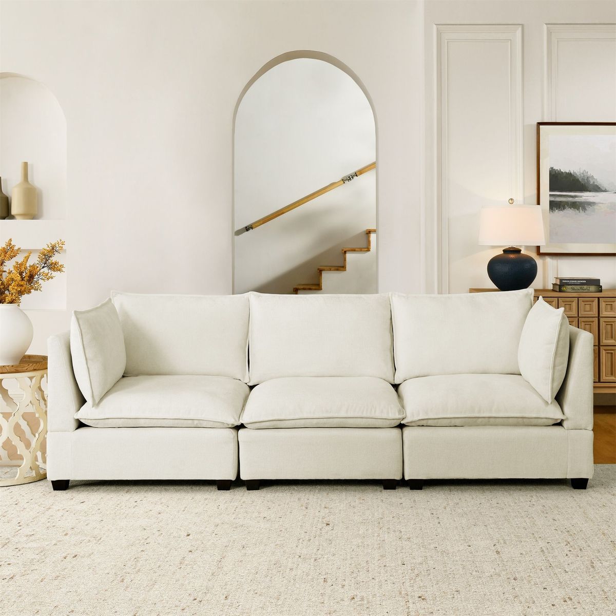 Modern Chenille Comfy Upholstered 3-Seat Sofa With 2 Lumbar Pillow, Deep Seat Sofa Sleeper For Living Room, Apartment, Office, Studio (Beige White, 3-Seat)_maomaolike.com