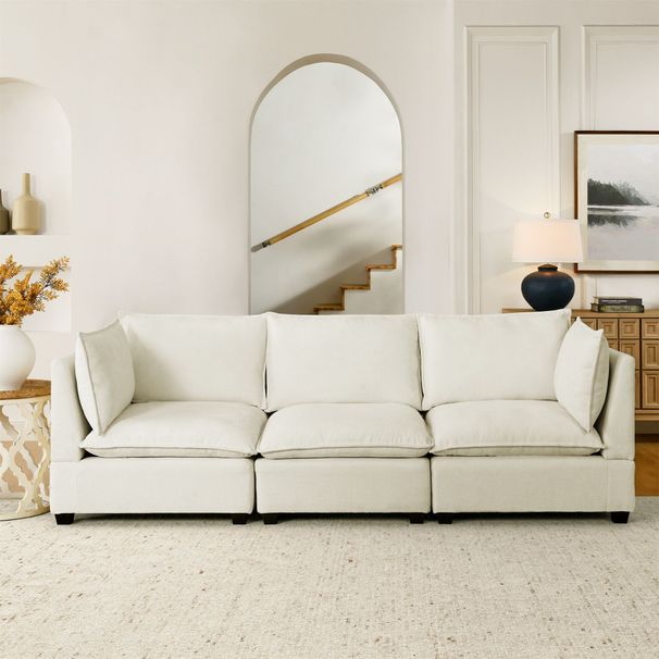 Modern Chenille Comfy Upholstered 3-Seat Sofa With 2 Lumbar Pillow, Deep Seat Sofa Sleeper For Living Room, Apartment, Office, Studio (Beige White, 3-Seat)_maomaolike.com
