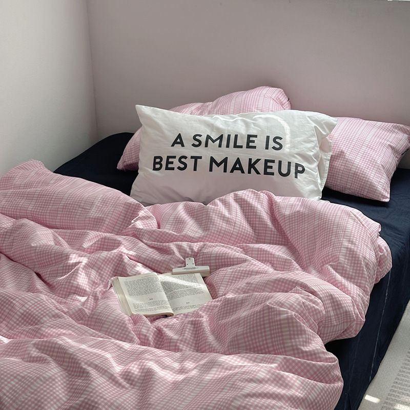 Wholesale INS Korean Style Pink Plaid Simple Striped Mixed Pure Cotton Four-Piece For Homestay Apartment All-Cotton 4-Piece Set_maomaolike.com