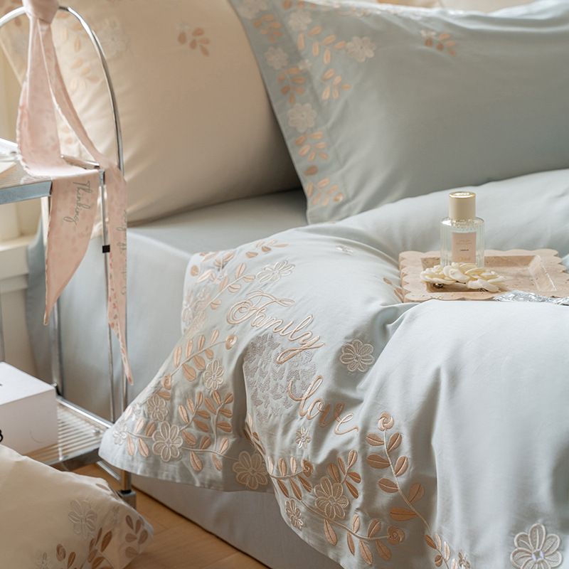 2 Fresh Style 100S High-Count Long-Staple Cotton Four-Piece Set Pastoral Embroidery Duvet Cover All-Cotton Double Bed Bedding 1.8m_maomaolike.com