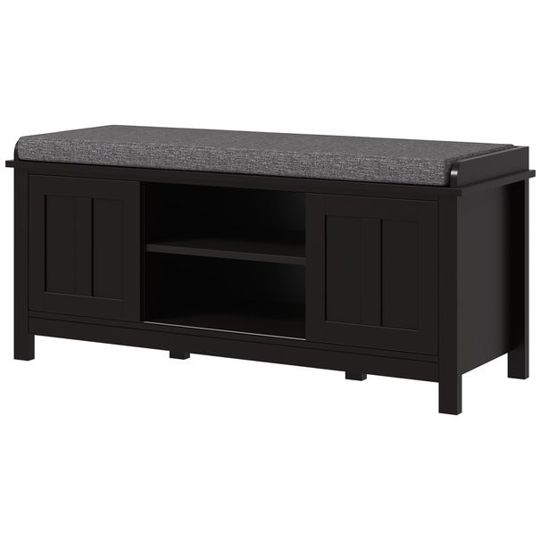 Modern Shoe Storage Bench, Entry Way Bench With Cushion, 2 Sliding Doors, Storage Ottoman Bench, Holds 10 Pairs, Black_maomaolike.com