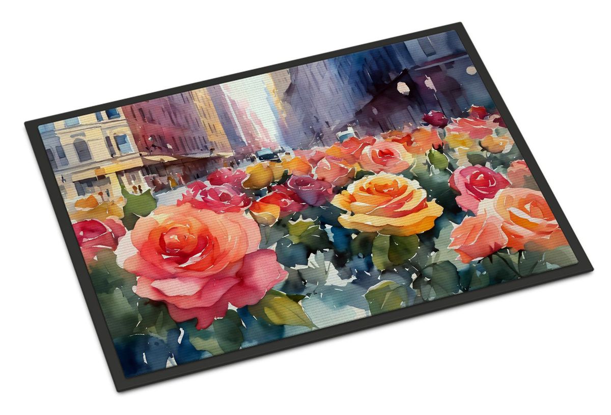 New York Roses In Watercolor Doormat Front Door Mat Indoor Outdoor Rugs For Entryway, Non Slip Washable Low Pile, 24H X 36W_maomaolike.com