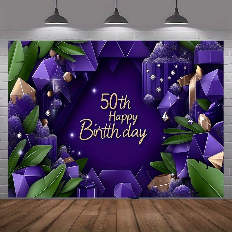 Glitter Purple 50th Birthday Party Banner - 2D Flat Polyester Backdrop With Golden Lettering, Wall Hanging Photo Props, Party Decor_maomaolike.com