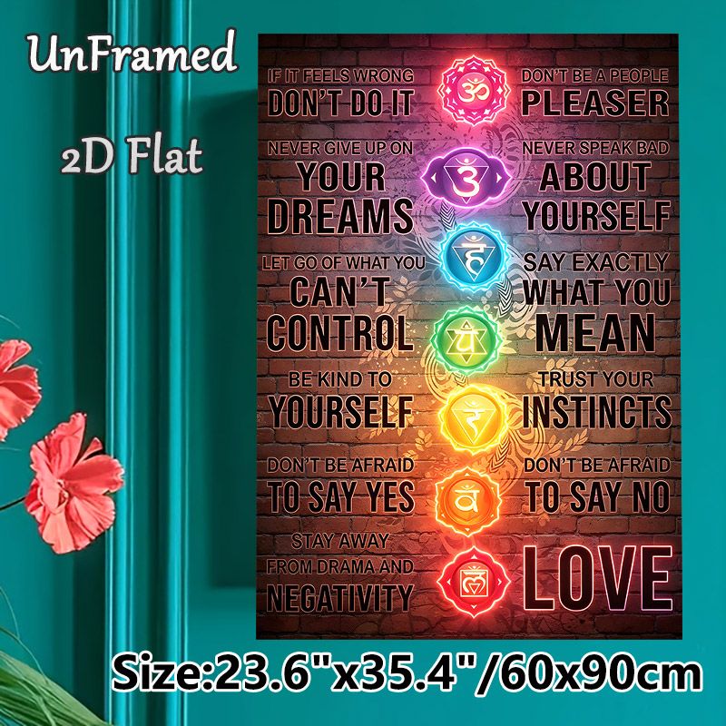 Chakra Themed Painting Poster, Neon-style Glowing Chakra & Inspirational Quote Poster, Positive Self-care Reminder, Suitable For Yoga Studio_maomaolike.com