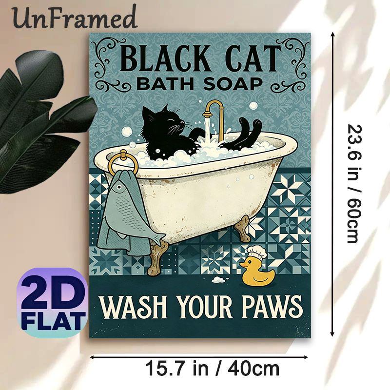 Black Cat Bath Themed Painting Poster, Vintage Whimsical Black Cat In Bathtub With Bubbles Poster, Playful Decorative Accent For Bathroom_maomaolike.com