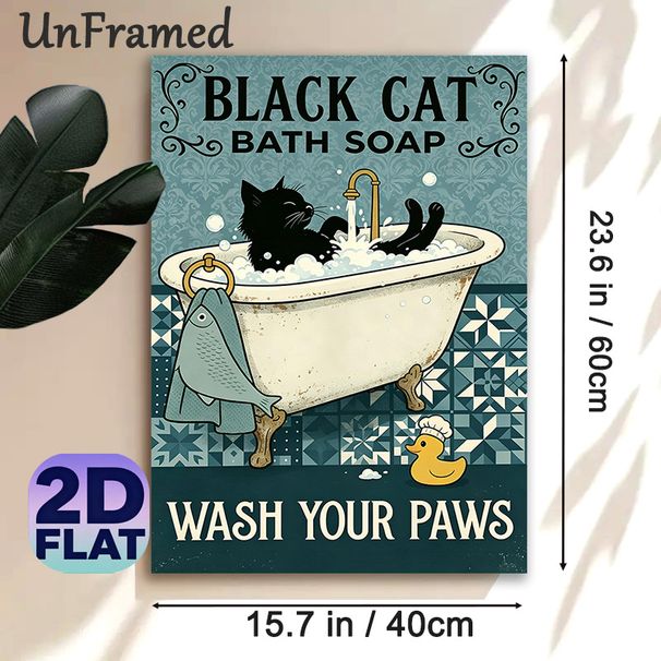 Black Cat Bath Themed Painting Poster, Vintage Whimsical Black Cat In Bathtub With Bubbles Poster, Playful Decorative Accent For Bathroom_maomaolike.com