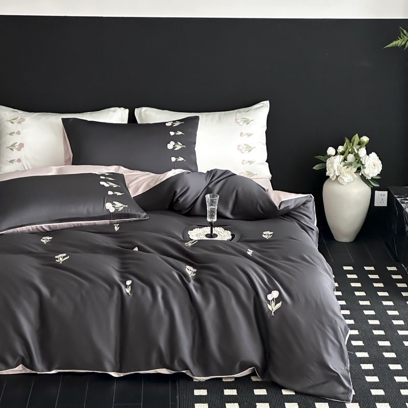 Wholesale 60s Lenzing Tencel Four-Piece For Naked Sleep Double-Sided Cool Feeling Silky Tulip Floral Embroidery 4-Piece Set_maomaolike.com
