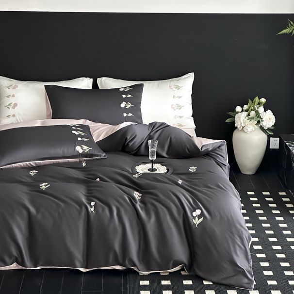 Wholesale 60s Lenzing Tencel Four-Piece For Naked Sleep Double-Sided Cool Feeling Silky Tulip Floral Embroidery 4-Piece Set_maomaolike.com