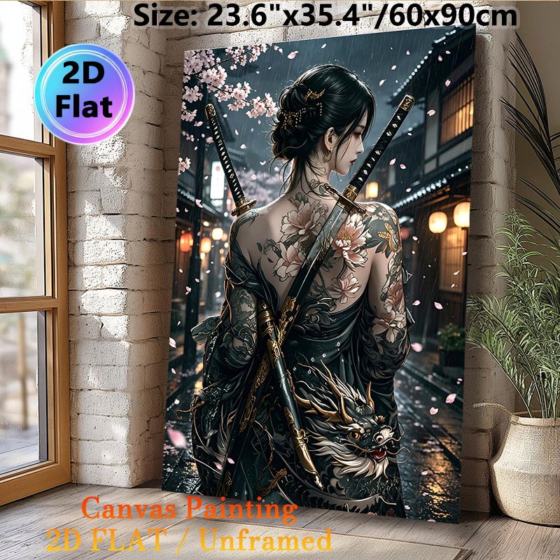 Japanese Female Samurai Painting Poster, Mysterious Dark-toned Anime Style Poster, Artistic Design Featuring Tattooed Warrior, Dual Katanas & Rainy_maomaolike.com