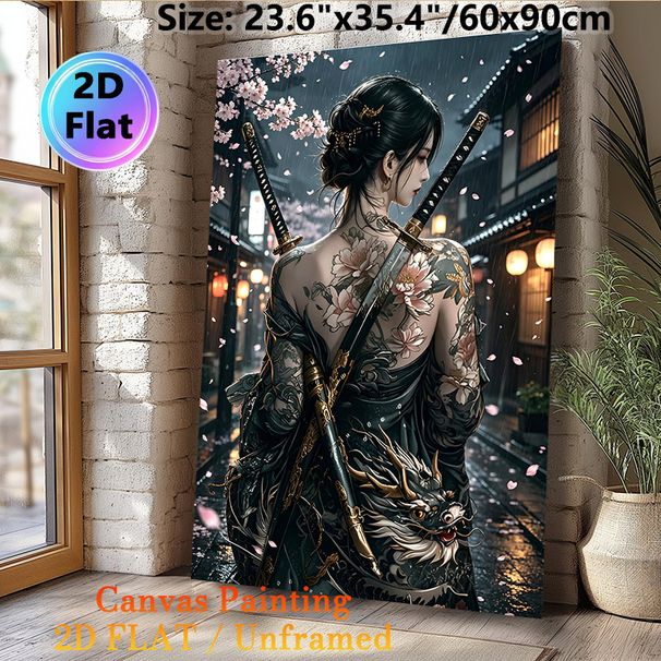 Japanese Female Samurai Painting Poster, Mysterious Dark-toned Anime Style Poster, Artistic Design Featuring Tattooed Warrior, Dual Katanas & Rainy_maomaolike.com