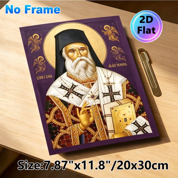 Orthodox Saint Religious Painting Poster, Intricate Traditional Orthodox Icon Style Poster, Richly Adorned Saint With Angels And Sacred Book, Elegant_maomaolike.com