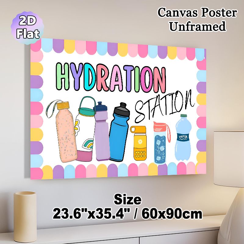Hydration Station Painting Poster, Colorful Cartoon-style Water Bottle Themed Poster, Serves As A Gentle Reminder To Stay Hydrated, Suitable For_maomaolike.com