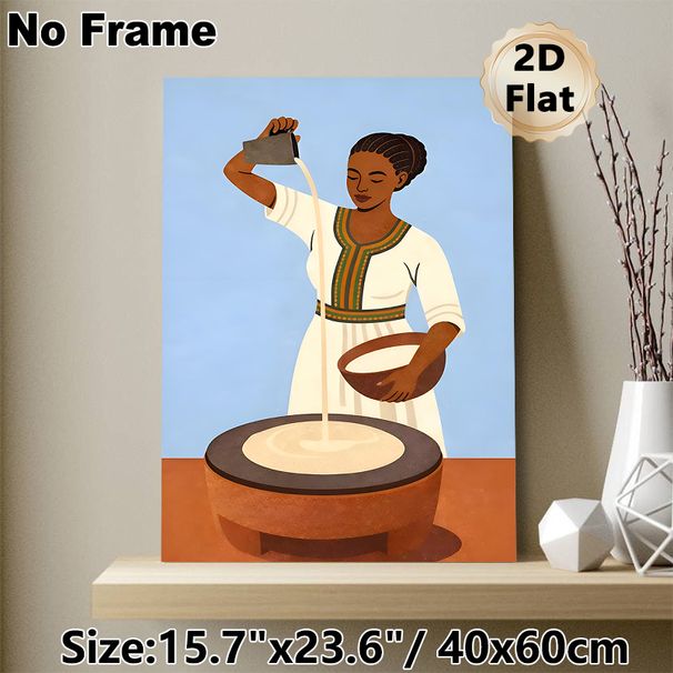 Ethnic Woman Making Traditional Food Painting Poster, Warm-toned Flat Illustration Poster, Cultural Art Decor Suitable For Home And Dining Room_maomaolike.com