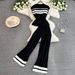Women's Clothing sleeveless slim fit knitted top two piece suit casual high waist slim straight wide leg pants_maomaolike.com