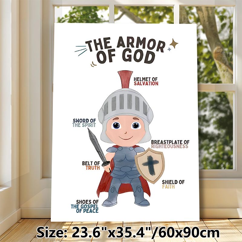 The Armor Of God Painting Poster, Cute Cartoon Warrior With Faith-themed Annotations Poster, Inspirational Religious Decor Ideal For Church, Study_maomaolike.com