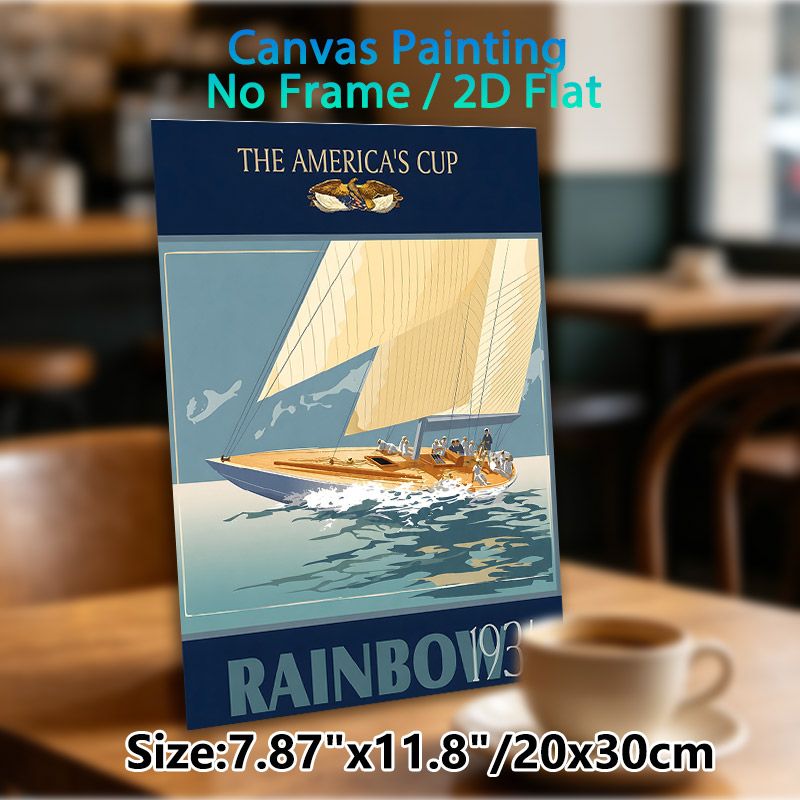 America's Cup Sailing Painting Poster, Vintage Retro 1934 Rainbow Yacht With Sailors On Sea Poster, Classic Nautical Artwork, Ideal For Home Office_maomaolike.com