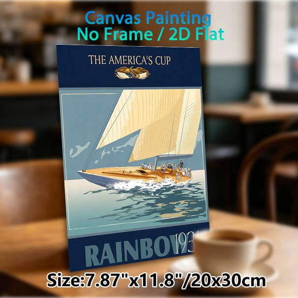 America's Cup Sailing Painting Poster, Vintage Retro 1934 Rainbow Yacht With Sailors On Sea Poster, Classic Nautical Artwork, Ideal For Home Office_maomaolike.com