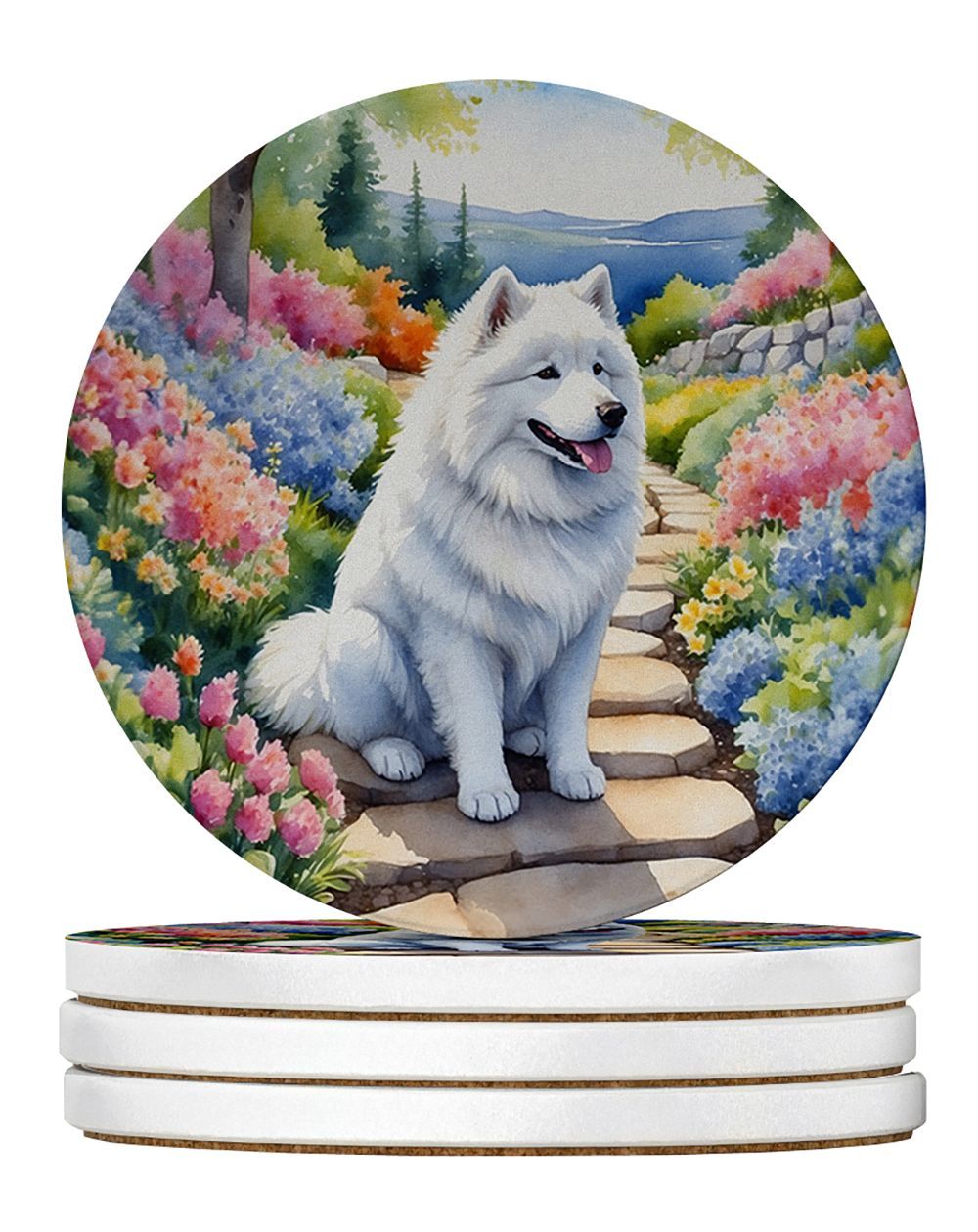 Samoyed Spring Path Large Sandstone Coasters Pack Of 4 Absorbent Round Coasters Decor Gifts For Men Or Women, 4 In, Multicolor_maomaolike.com