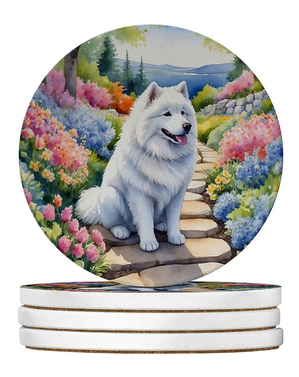 Samoyed Spring Path Large Sandstone Coasters Pack Of 4 Absorbent Round Coasters Decor Gifts For Men Or Women, 4 In, Multicolor_maomaolike.com