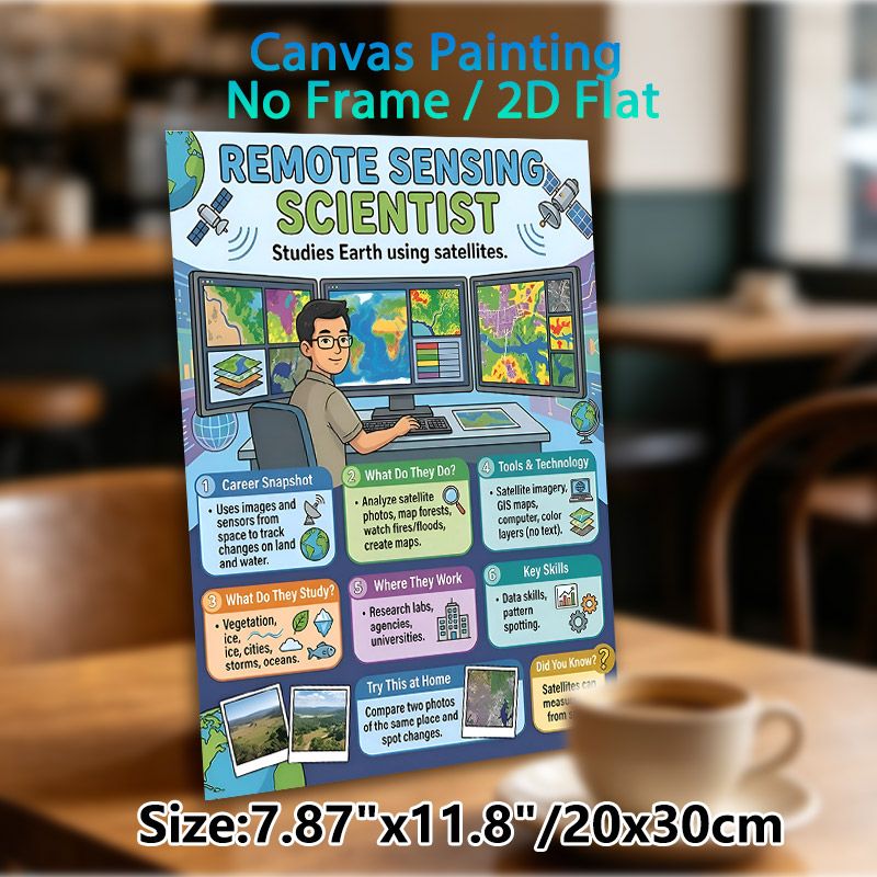 Remote Sensing Scientist Painting Poster, Vibrant Cartoon-style Educational Poster, Informative Career Guide With Earth Study & Satellite Details_maomaolike.com