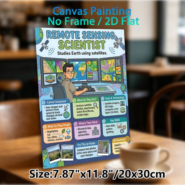 Remote Sensing Scientist Painting Poster, Vibrant Cartoon-style Educational Poster, Informative Career Guide With Earth Study & Satellite Details_maomaolike.com