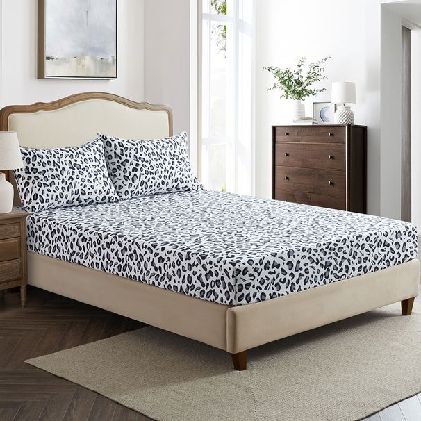 White Gray Leopard Print Animal Polyester Skin Friendly Bed Mattress Protector Fitted Sheet_maomaolike.com