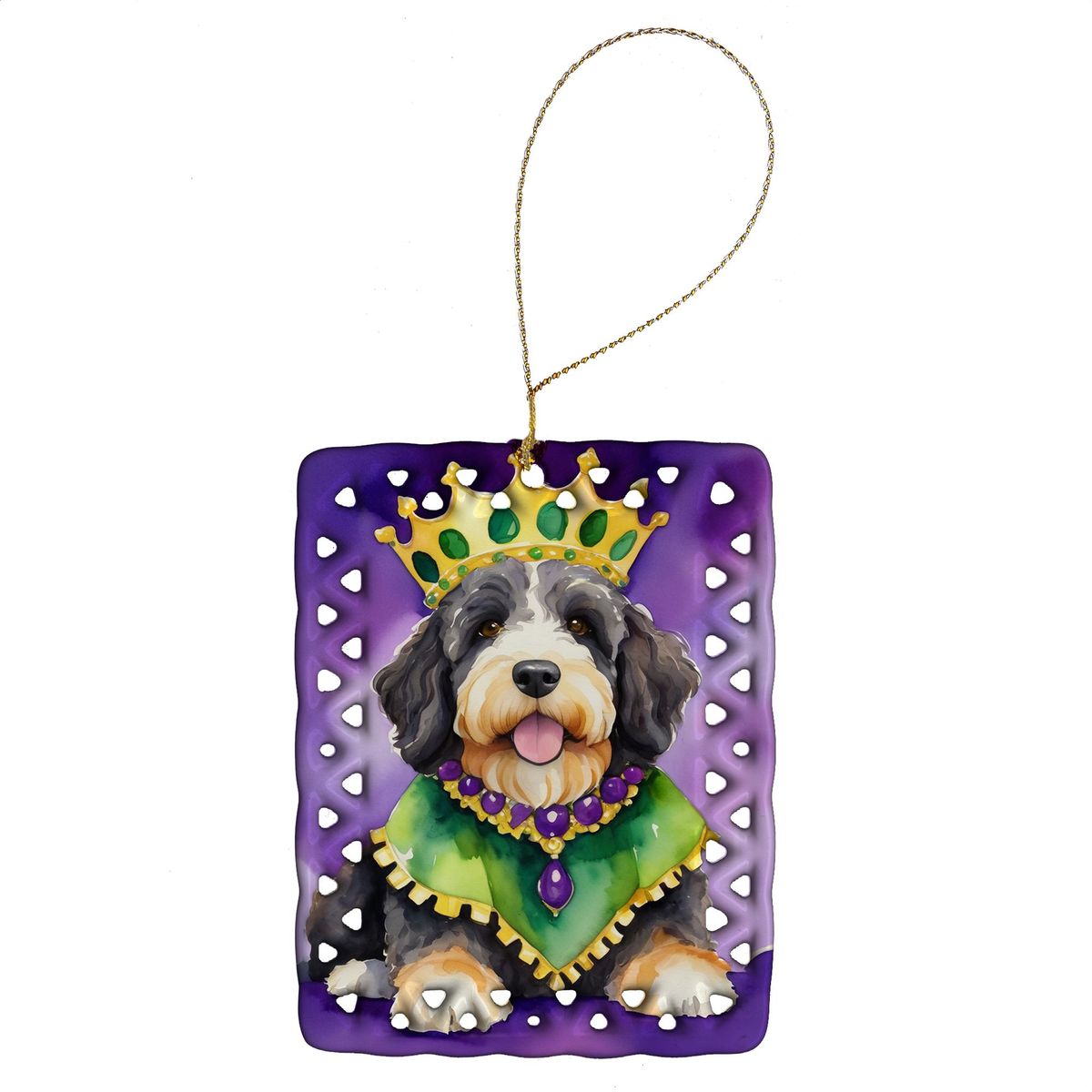 Bernedoodle King Of Mardi Gras Porcelain Ornament Christmas Tree Hanging Decorations For Home Christmas Holiday, Rectangle, Gift, Multicolor_maomaolike.com