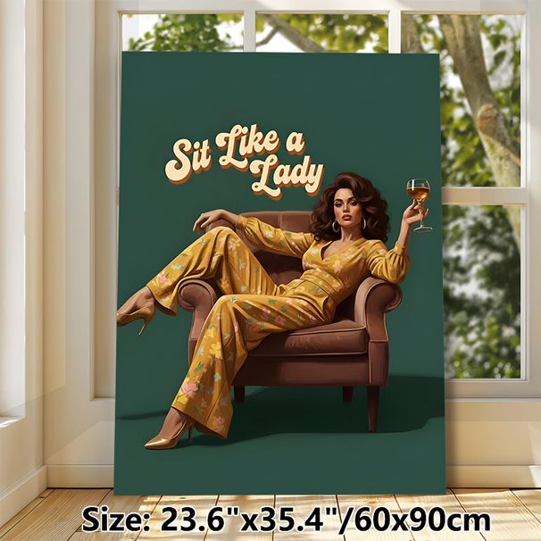 "Sit Like A Lady" Retro Themed Painting Poster, Vintage-style Poster Featuring Stylish Woman In Floral Jumpsuit Lounging On Armchair With Wine Glass_maomaolike.com