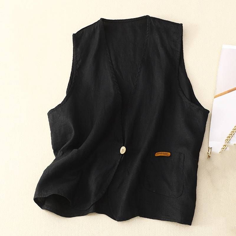 Women's Clothing Real shot of literary cotton and linen vest spring and summer thin loose solid color sleeveless_maomaolike.com