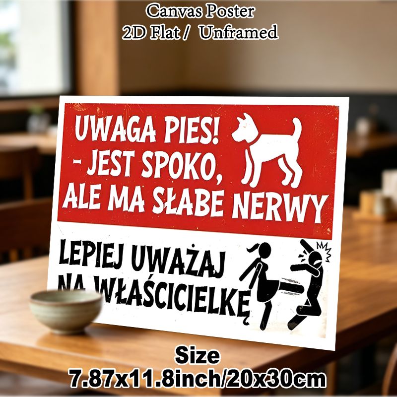 Dog Humorous Warning Painting Poster, Bold Red-and-white Graphic Dog & Funny Figure Scene Poster, Lighthearted Caution Message Ideal For Home_maomaolike.com