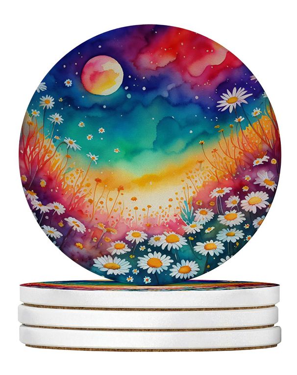 Colorful Daisies Large Sandstone Coasters Pack Of 4 Absorbent Round Coasters Decor Gifts For Men Or Women, 4 In, Multicolor_maomaolike.com