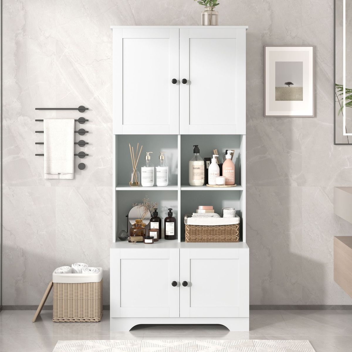 Tall And Wide Bathroom Floor Storage Cabinet, Bathroom Storage Unit, Freestanding Cabinet With 4 Doors, Adjustable Shelves, Open Multi-layer Shelves_maomaolike.com