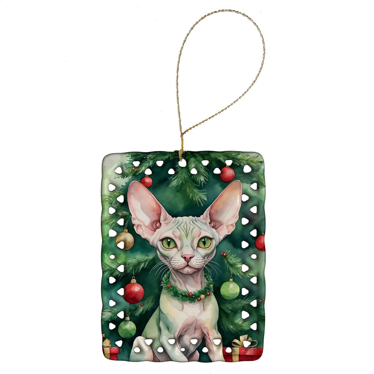 Minskin Cat By The Christmas Tree Porcelain Ornament Christmas Tree Hanging Decorations For Home Christmas Holiday, Rectangle, Gift, Multicolor_maomaolike.com