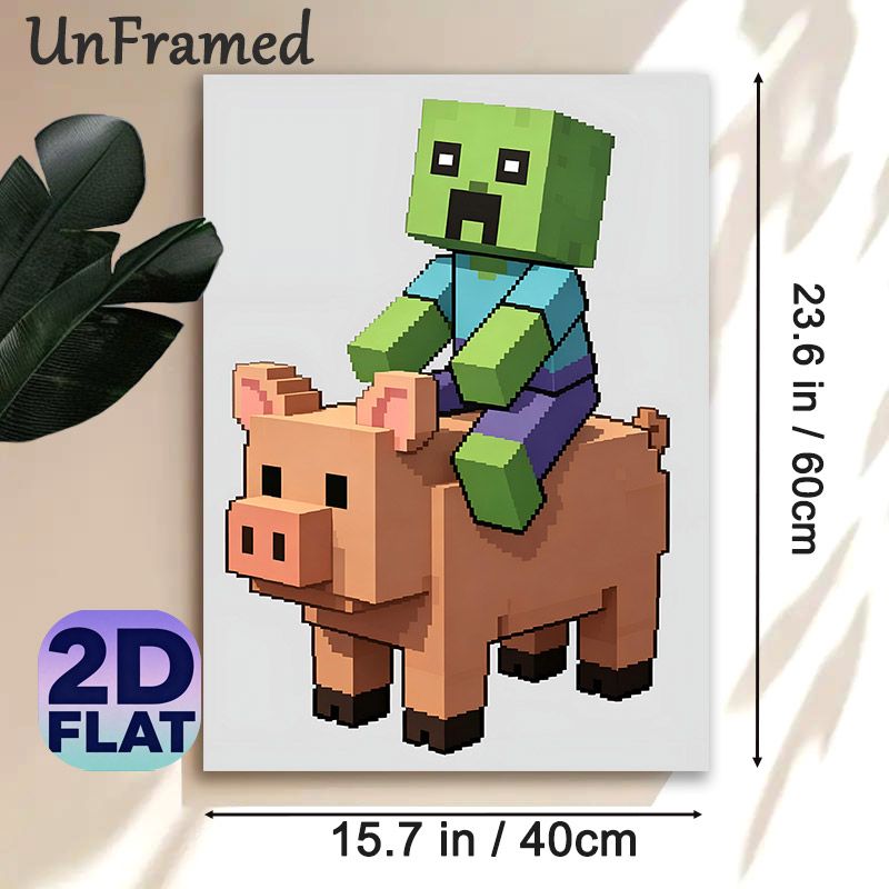 Pixel Zombie & Pig Painting Poster, Vibrant Pixelated Zombie Riding Pig Poster, Nostalgic Game-themed Decor Ideal For Game Room, Bedroom_maomaolike.com
