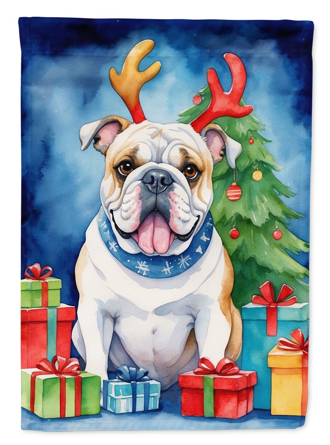 White English Bulldog Christmas Reindeer House Flag Large Porch Sleeve Pole Decorative Outside Yard Banner Artwork Wall Hanging, Polyester, House Size, Multicolor_maomaolike.com