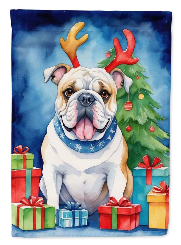 White English Bulldog Christmas Reindeer House Flag Large Porch Sleeve Pole Decorative Outside Yard Banner Artwork Wall Hanging, Polyester, House Size, Multicolor_maomaolike.com