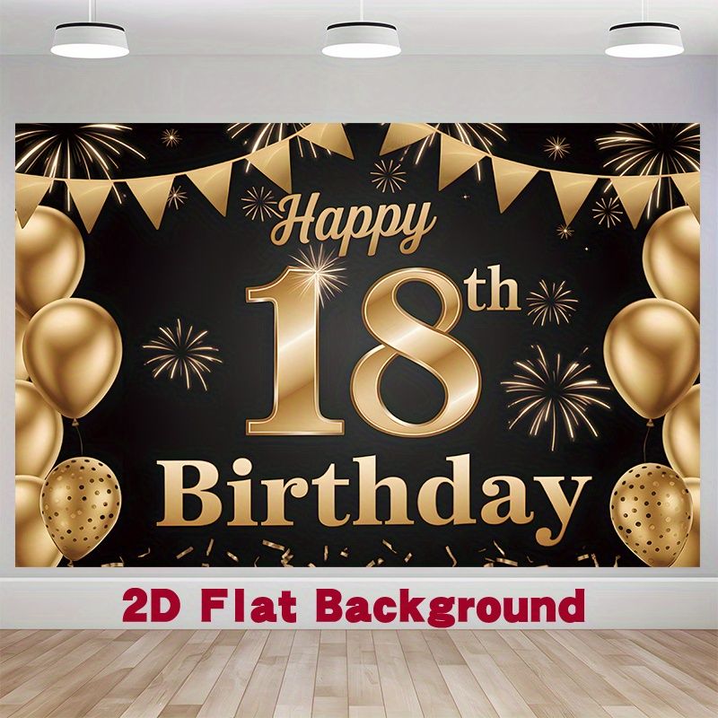 18th Birthday Party Backdrop - 2D Flat Polyester Banner With Golden Black Balloons, Confetti, Photo Booth Props, Party Decor_maomaolike.com