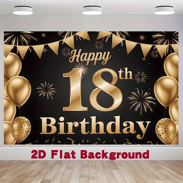 18th Birthday Party Backdrop - 2D Flat Polyester Banner With Golden Black Balloons, Confetti, Photo Booth Props, Party Decor_maomaolike.com