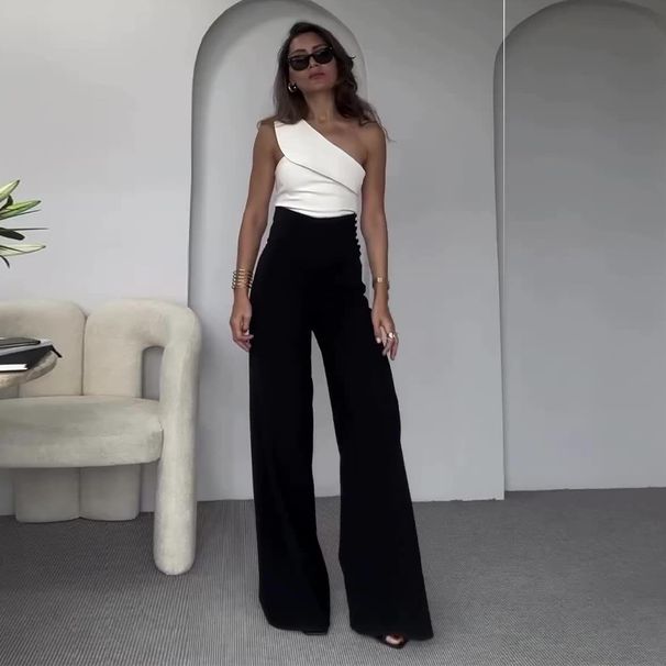 Women's Clothing fashion solid color oblique collar slim fit top high waist wide leg pants suit_maomaolike.com