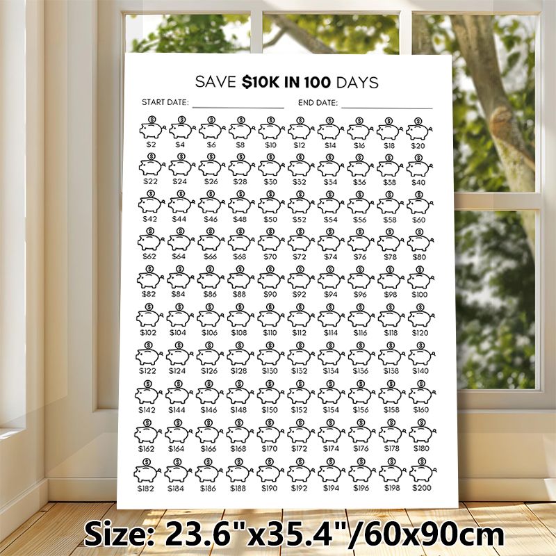 100-Day $10K Savings Plan Painting Poster, Minimalist Line-art Piggy Bank Tracker Poster, Practical Tool To Track Savings Progress For Home Or Office_maomaolike.com