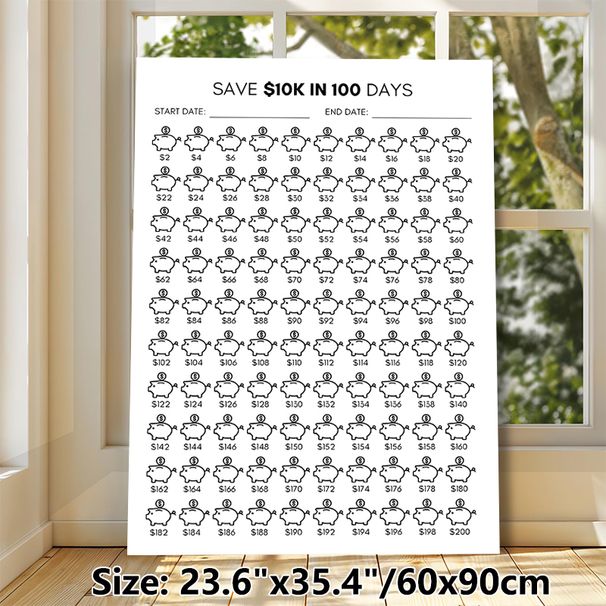 100-Day $10K Savings Plan Painting Poster, Minimalist Line-art Piggy Bank Tracker Poster, Practical Tool To Track Savings Progress For Home Or Office_maomaolike.com