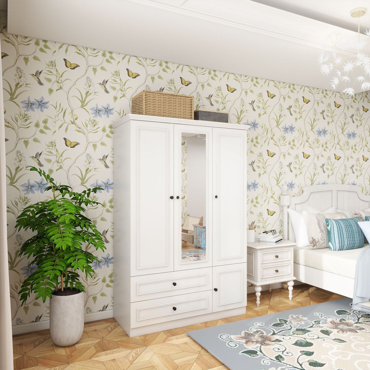 Armoire Wardrobe Closet Wooden With 3 Doors, Hanging Rods, 2 Drawers, Storage Cabinet And Mirror Large Capacity Large Wardrobe Closet For Bedroom, White 47.24" W X 20.59" D X 70.87 "H -- 2 Packages_maomaolike.com