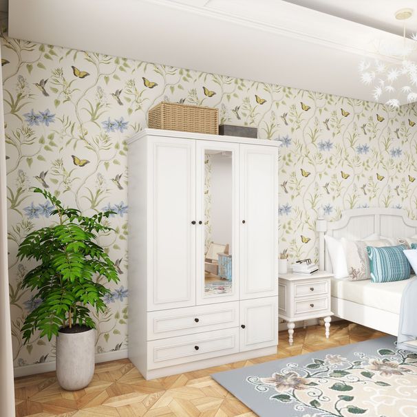 Armoire Wardrobe Closet Wooden With 3 Doors, Hanging Rods, 2 Drawers, Storage Cabinet And Mirror Large Capacity Large Wardrobe Closet For Bedroom, White 47.24" W X 20.59" D X 70.87 "H -- 2 Packages_maomaolike.com