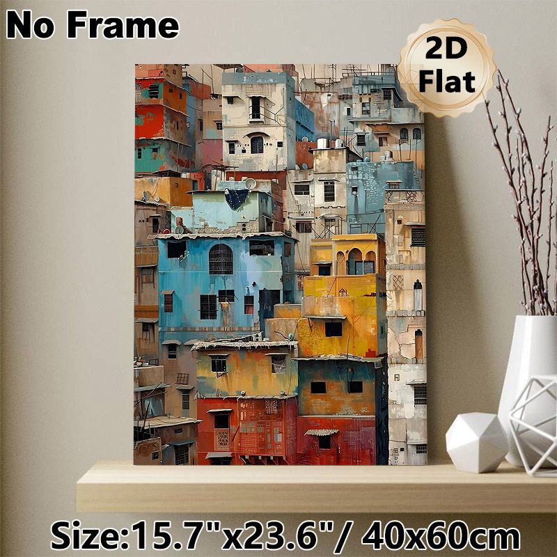 Colorful Stacked Urban Buildings Painting Poster, Weathered Rustic Dense Cityscape Poster, Brings Rich Cultural Urban Vibe Ideal For Living Room_maomaolike.com
