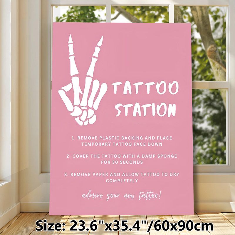 Tattoo Station Painting Poster, Soft Pink Minimalist White Skeleton Peace Hand & Instructional Text Poster, Clear Temporary Tattoo Application Guide_maomaolike.com