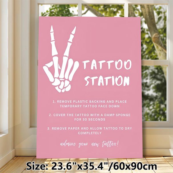 Tattoo Station Painting Poster, Soft Pink Minimalist White Skeleton Peace Hand & Instructional Text Poster, Clear Temporary Tattoo Application Guide_maomaolike.com