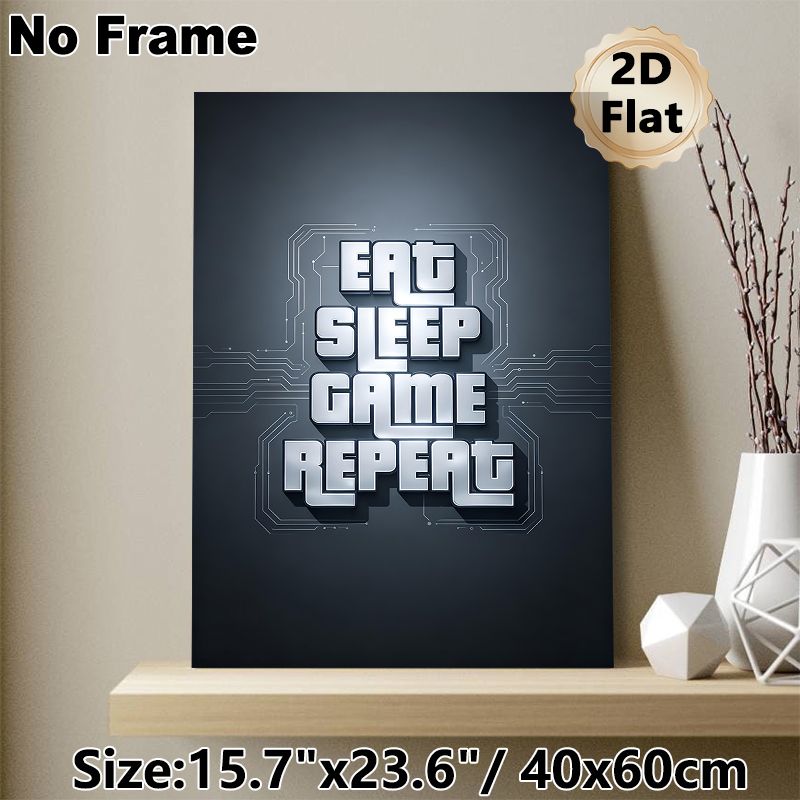 Gaming Themed Painting Poster, Futuristic Tech-style Metallic Text Poster, Sleek "Eat Sleep Game Repeat" Design With Circuit Details, Ideal Decor For_maomaolike.com