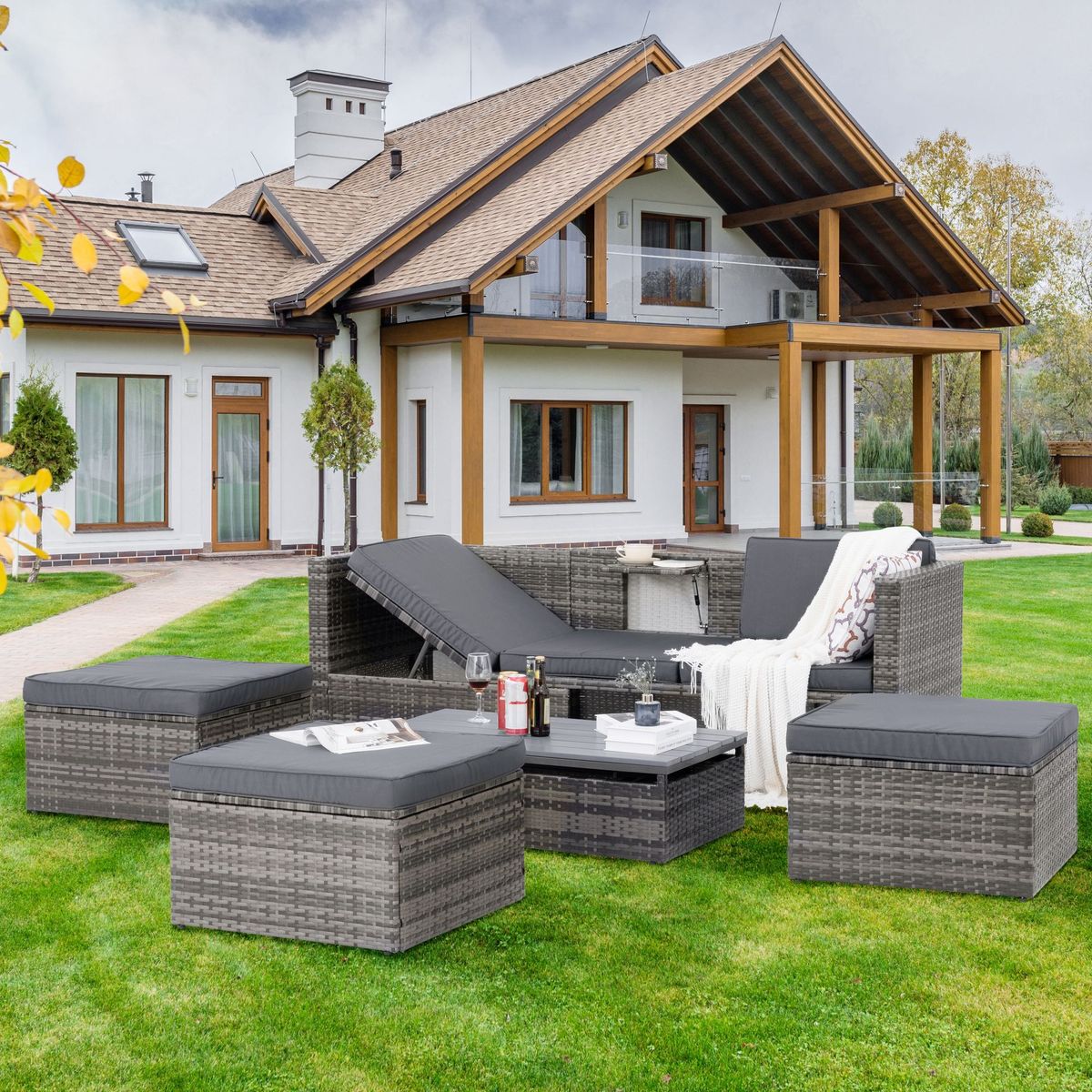 Patio Furniture, Outdoor Furniture, Seasonal PE Wicker Furniture,5 Set Wicker Furniture With Plywood Coffee Table,with Lift TOP Coffee Table,with Lounger Sofa_maomaolike.com