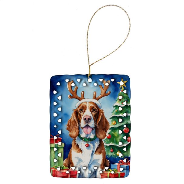 Welsh Springer Spaniel Christmas Reindeer Porcelain Ornament Christmas Tree Hanging Decorations For Home Christmas Holiday, Rectangle, Gift, Multicolor_maomaolike.com